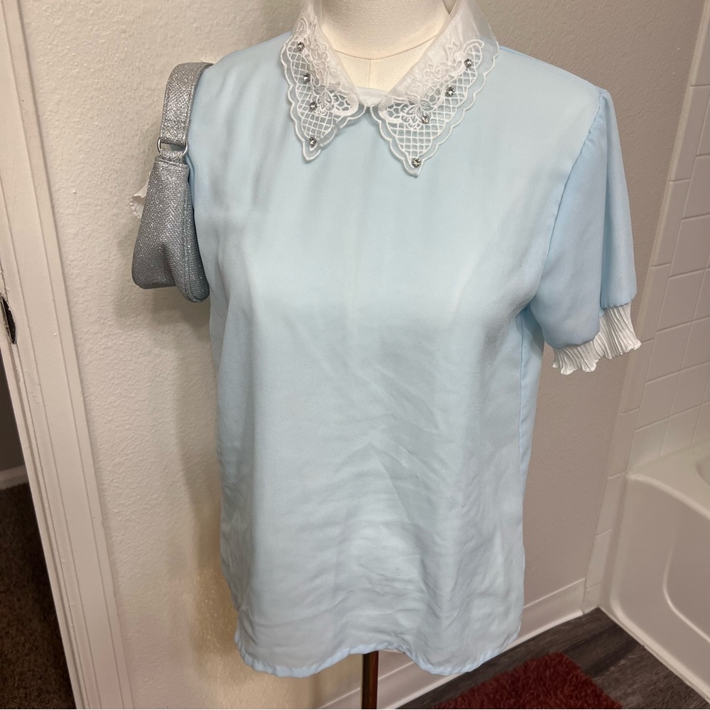 Pastel blue white sheer blouse lace collar Victorian vintage Paris coquette
